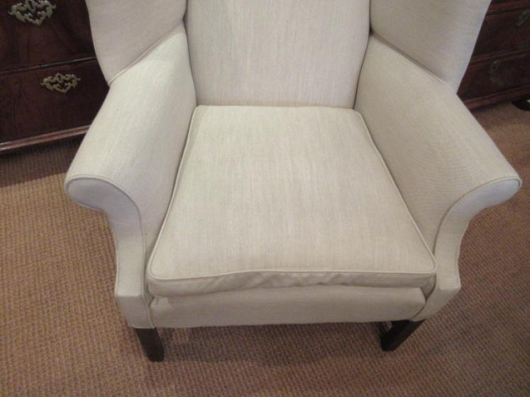George III Period Antique Linen Upholstered Wing Armchair - Image 2