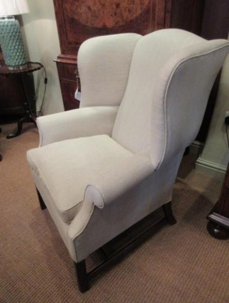 George III Period Antique Linen Upholstered Wing Armchair - Image 5