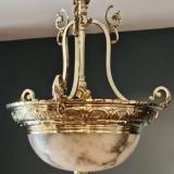Antique Edwardian Alabaster and Brass Chandelier