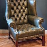Antique Green Leather Chesterfield Wing Back Arm Chair