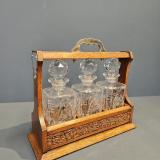 Antique Victorian Carved Oak Three Bottle Tantalus 