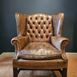 Antique Button Back Leather Wing Arm Chair