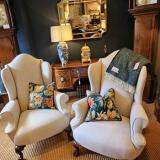 Antique Pair of Victorian Lined Covered Wing Arm Chairs at Sturmans Antiques upholstery for sale 