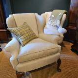 Antique Pair of Victorian Cream Linen Wing Back Arm Chairs at Sturmans Antiques furniture for sale