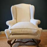 Antique Late Victorian Wing Back Arm Chair in Cream Linen at Sturmans Antiques furniture for sale