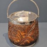 Antique Edwardian Carved Oak and Silver Plated Biscuit Barrel at Sturmans Antiques silver for sale