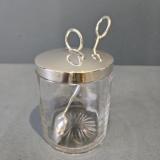 Superb Aspreys Silver Top Honey Pot and Spoon at Sturmans Antiques silver for sale