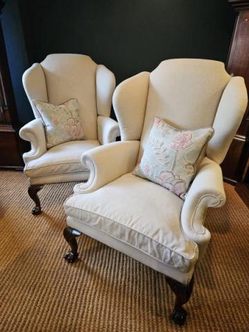 Antique Upholstery Chairs Matching Pair of Wing Back Armchairs
