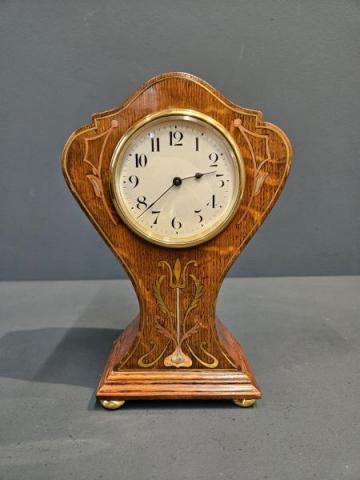 Antique Art Nouveau Oak Mantel Clock with brass and copper inlaid