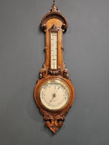 Antique Victorian Carved Oak Banjo Barometer by T Armstrong of Manchester