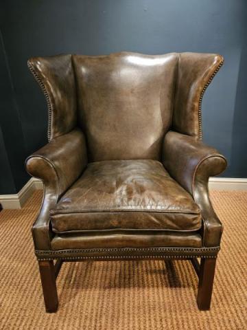 Antique Upholstery Chairs Edwardian Olive Green Leather Wing Back Armchair