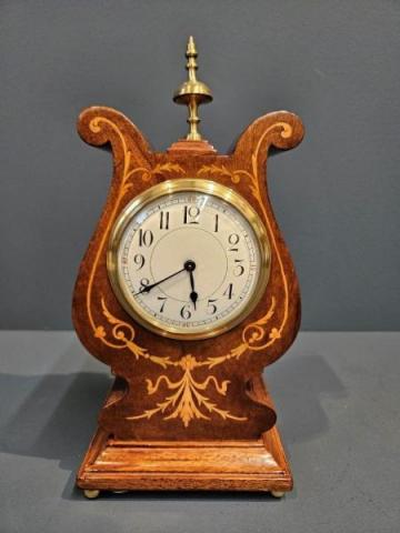 Antique Edwardian Mahogany Inlaid Curled Top Mantel Clock