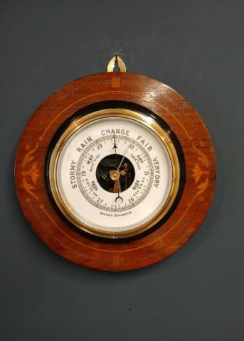 Antique Edwardian Rosewood and Fruitwood Inlaid Aneroid Barometer at Sturmans Antiques barometer for sale