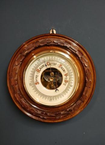 Antique Victorian Walnut Skeletonised Aneroid Barometer at Sturmans Antiques barometer for sale