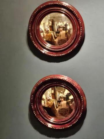 Antique Matching Pair of Mahogany Convex Mirrors