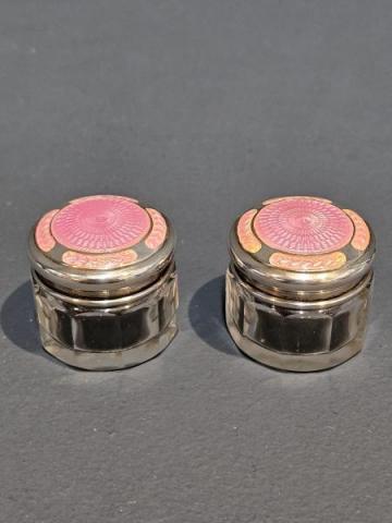 Antique Pair of Silver and Enamel Dressing Table Jars by Turner & Simpson of Birmingham