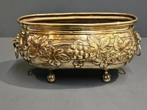 Antique Victorian Embossed Brass Planter Grape and Vine Design
