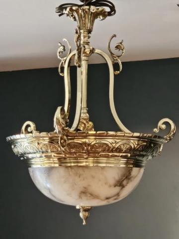 Antique Edwardian Alabaster and Brass Chandelier