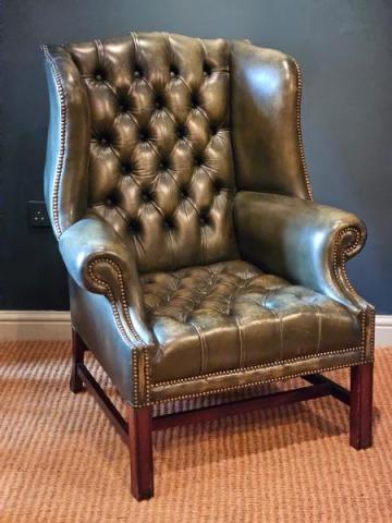 Antique Green Leather Chesterfield Wing Back Arm Chair