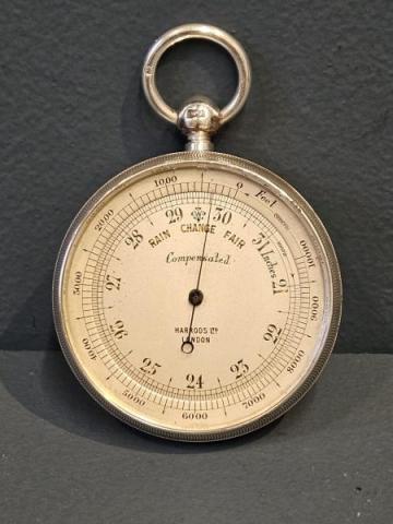 Antique Harrods Silver Pocket Barometer by Albert Thomas Oliver