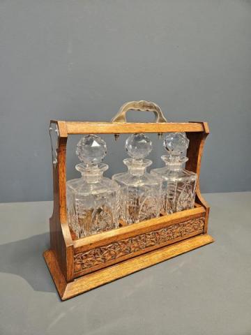 Antique Victorian Carved Oak Three Bottle Tantalus 