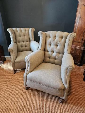 Antique Pair of Victorian Arm Chairs upholstery oak