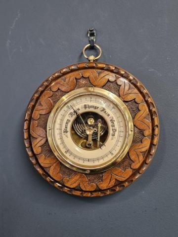 Antique Carved Walnut Aneroid Barometer