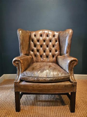Antique Button Back Leather Wing Arm Chair