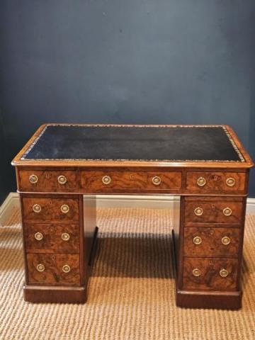 Antique Victorian Burr Walnut Pedestal Desk