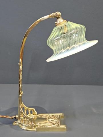 Antique Art Nouveau Lamp and Vaseline Glass Shade