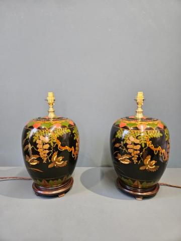 Antique Pair of 1930's Painted Glass Table Lamps