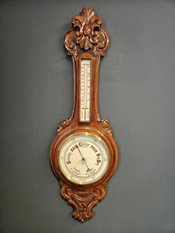 Antique Victorian Carved Walnut Banjo Barometer 