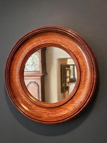 Antique Victorian Golden Oak Framed Circular Mirror at Sturmans Antiques Mirror for sale