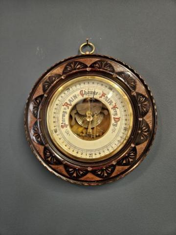Antique Petal Carved Mahogany Aneroid Barometer at Sturmans Antiques barometer for sale