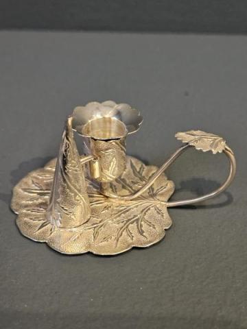 Antique Silver Leaf Design Taper Candle Stick and Snuffer by Joseph Willmore of Birmingham at Sturmans Antiques silver for sale