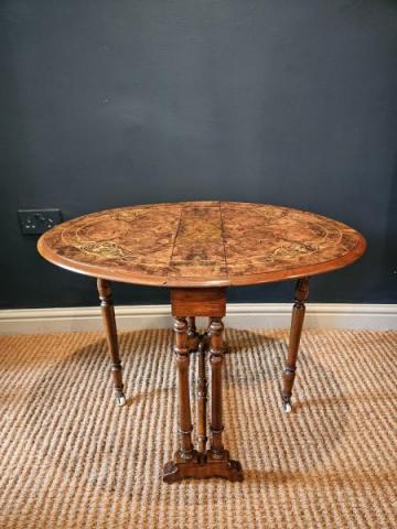 Antique Victorian Inlaid Burr Baby Walnut Sutherland Table at Sturmans Antiques furniture for sale