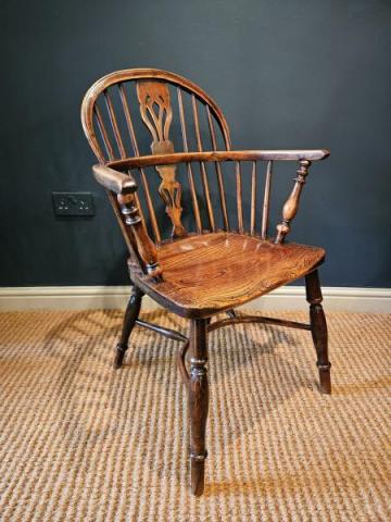 Antique Yew Wood Low Back Windsor Chair at Sturmans Antiques Furniture for sale 