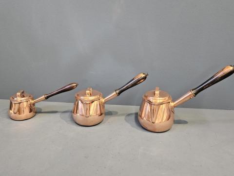 Antique Matching Set of 3 Victorian Copper Pans at Sturmans Antiques metalware for sale
