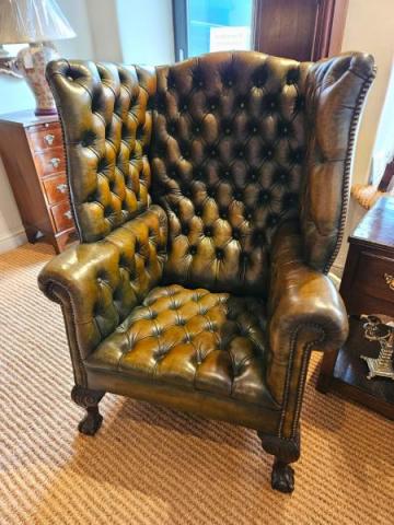 Antique Dark Olive Leather Wing Back Arm Chair at Sturmans Antiques upholstery for sale