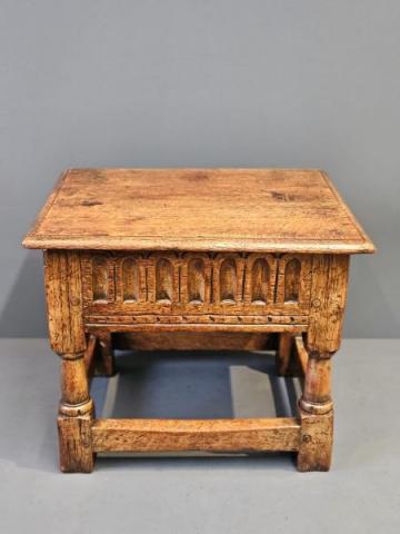 Antique Georgian Carved Oak Box Stool at Sturmans Antiques furniture for sale