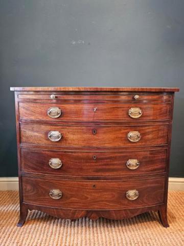 George III Mahogany Bow Front Chest with Brushing Slide at Sturmans Antiques Furniture for sale