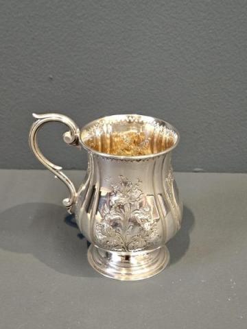 Antique Mid Victorian Embossed & Engraved Silver Mug at Sturmans Antiques silver for sale