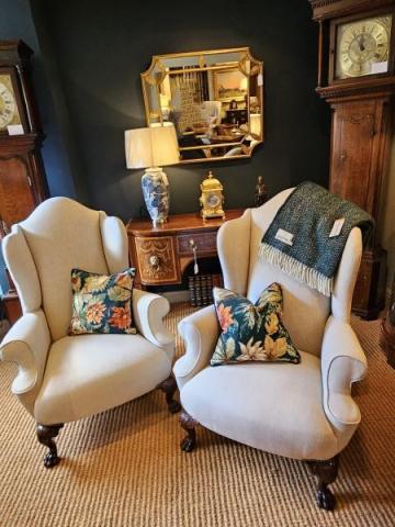 Antique Pair of Victorian Lined Covered Wing Arm Chairs at Sturmans Antiques upholstery for sale 