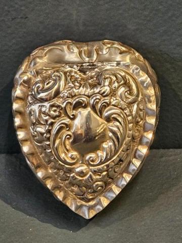 Antique Small Heart Shaped Silver Ring Box at Sturmans Antiques silver for sale 