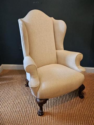 Antique Victorian Linen Covered Wing Arm Chair at Sturmans Antiques upholstery for sale