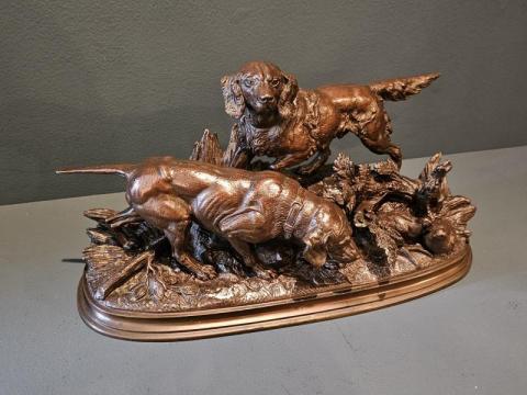 Antique  Signed Bronze of Retrievers by Delabrierre at Sturmans Antiques bronze for sale