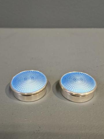 Antique Matching Pair of Silver and Blue Engine Turned Enamel Pill Boxes by Adie Bros of Birmingham at Sturmans Antiques silver for sale