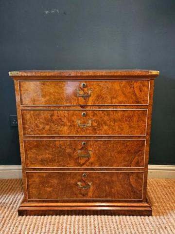 Antique Edwards and Roberts Burr Walnut Campaign Style Chest at Sturmans Antiques furniture for sale