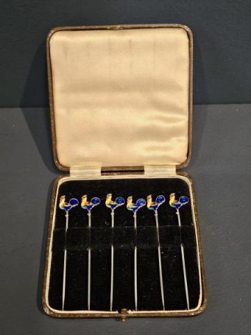 Antique Silver and Enamel Cockerel Cocktail Sticks at Sturmans Antiques silver for sale