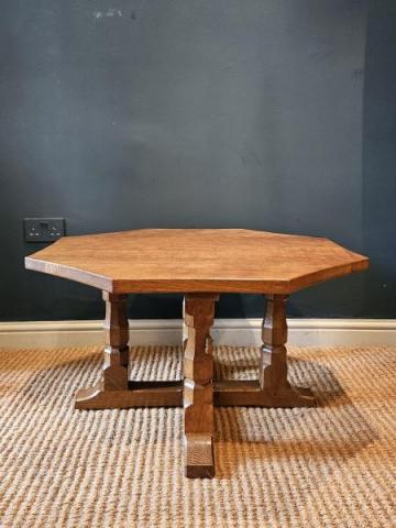 Antique Mouseman Adzed Oak Four Leg Octagonal Coffee Table at Sturmans Antiques furniture for sale